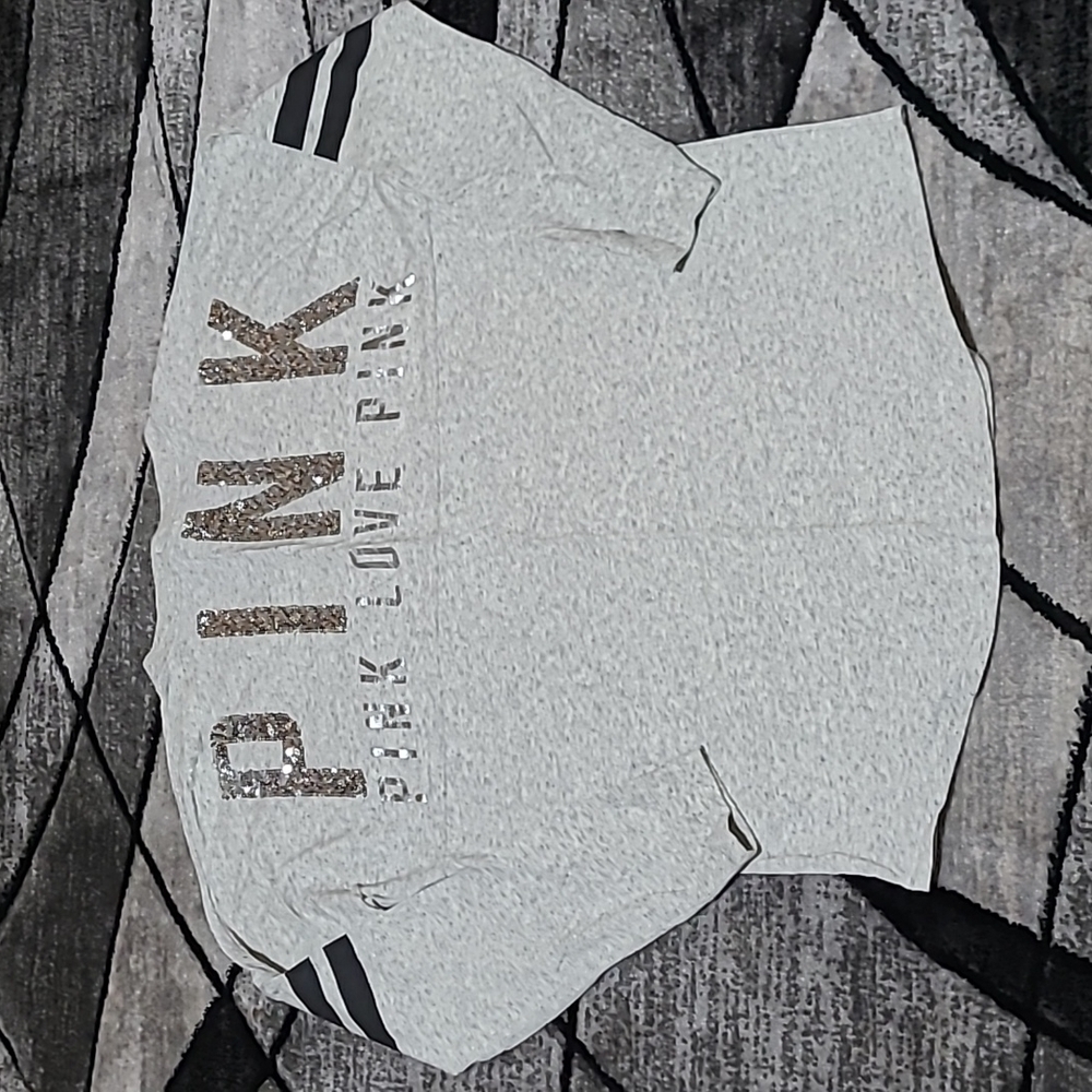 VS PINK 2014 CAMPUS V-NECK SHINE BLING SEQUINS LONG-SLEEVE TEE-SHIRT